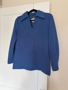 Vintage Blue Long Sleeve V-Neck Collared Women's Top
